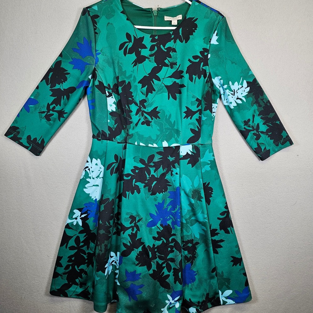 Eva Mendes New York & Company Green Floral Fit Flare Dress 3/4 Sleeve‎ Size 4